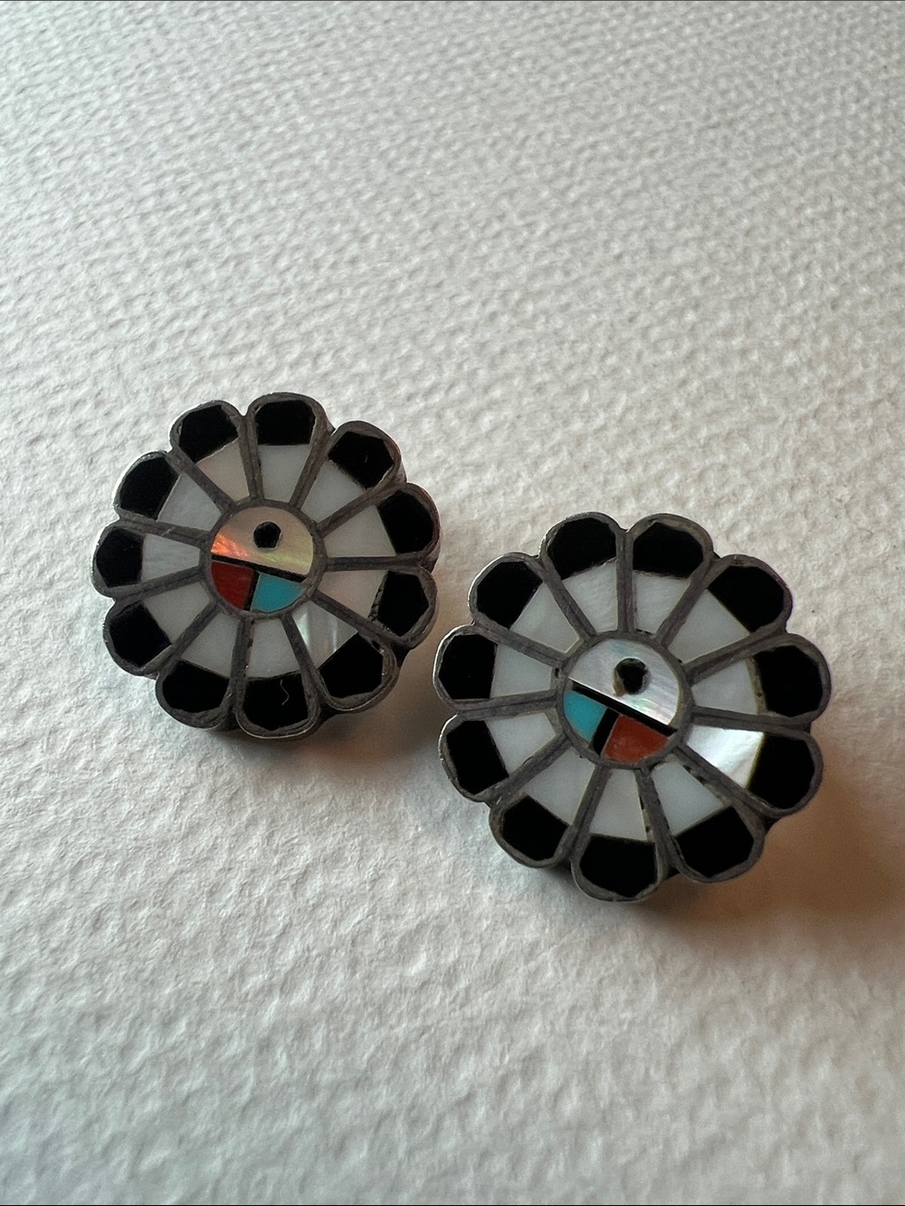 Native Sterling Silver Flower Inlay Stud Clip Earrings